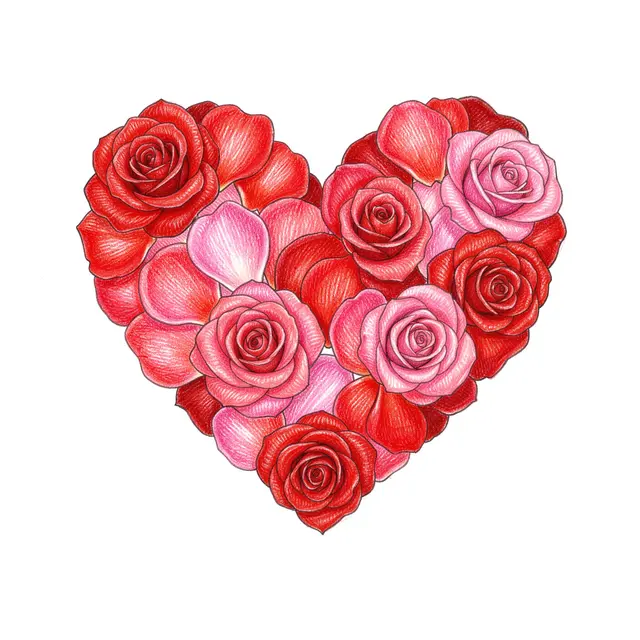 A colored pencil drawing of a heart shape made from red and pink rose blooms and petals on plain white paper