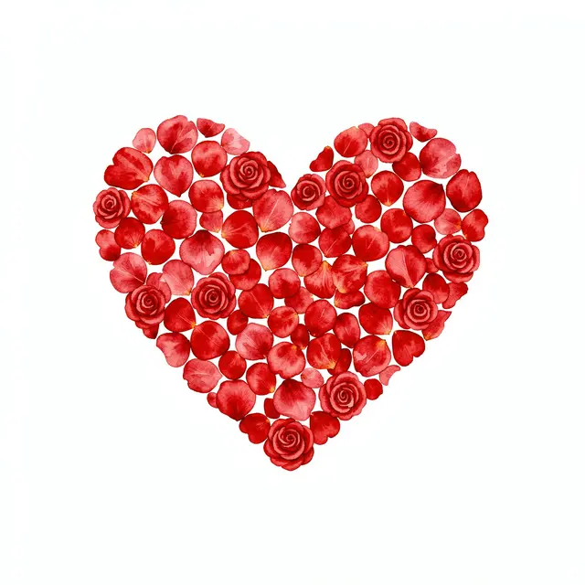 A watercolor illustration of a heart shape made from red rose petals and small roses on a plain white background