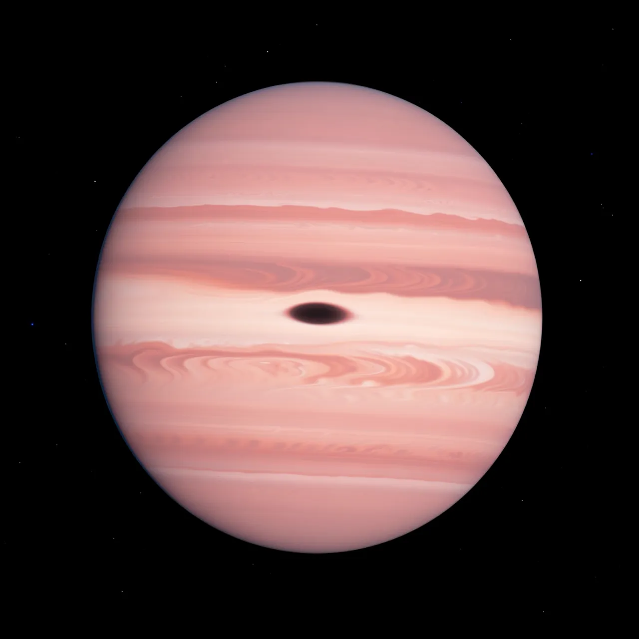 A rose-pink banded gas giant with a central dark storm floats in starry black deep space