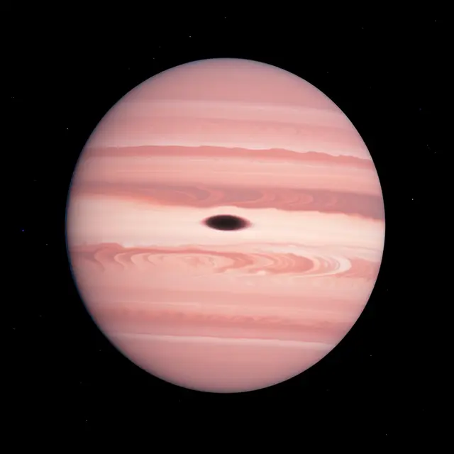 A rose-pink banded gas giant with a central dark storm floats in starry black deep space