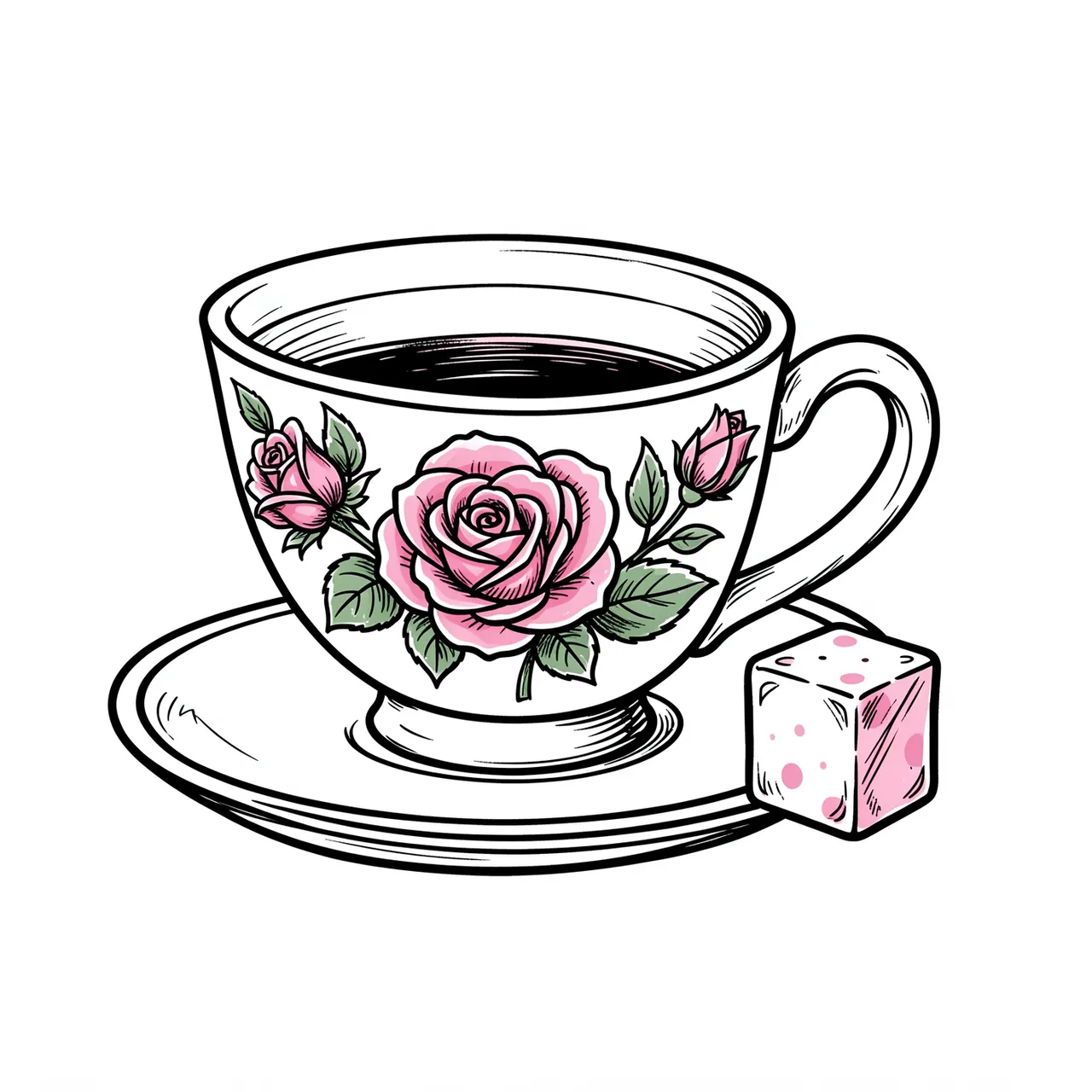 Line art drawing of a pink rose-decorated teacup on a saucer next to a patterned sugar cube