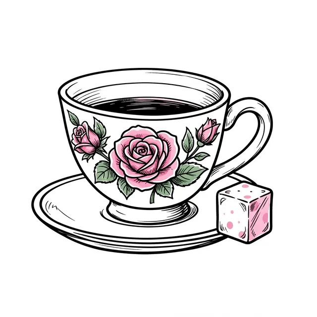 Line art drawing of a pink rose-decorated teacup on a saucer next to a patterned sugar cube