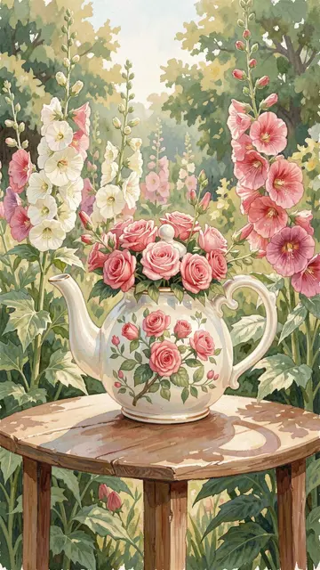 A rose-painted teapot holding pink roses rests on a wooden table surrounded by hollyhocks in a sunlit garden