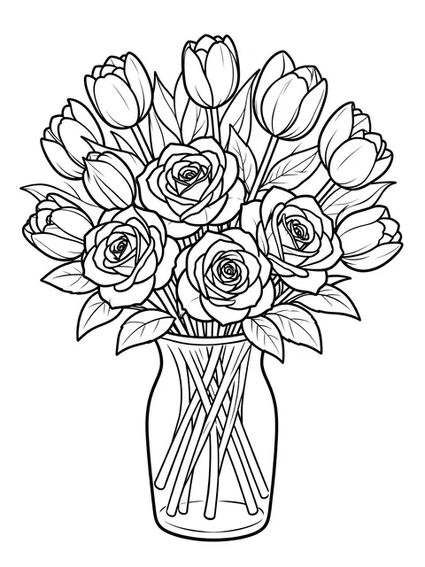 Clean black line art of a bouquet of roses and tulips arranged in a simple vase on a white background