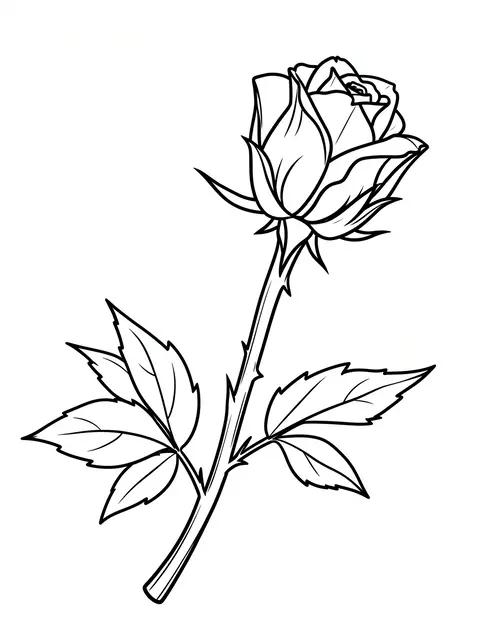 Black and white bold line drawing of a rosebud on a thorny stem against a plain white background