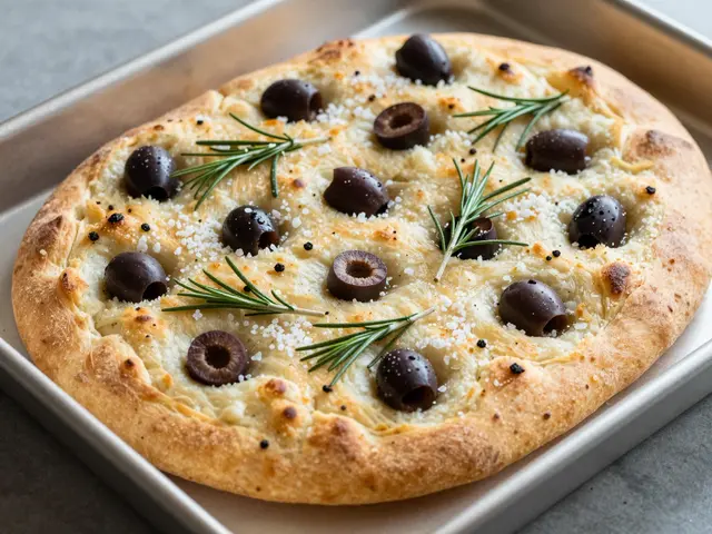 Freshly baked focaccia topped with black olives, rosemary sprigs and sea salt sits in a metal baking pan.