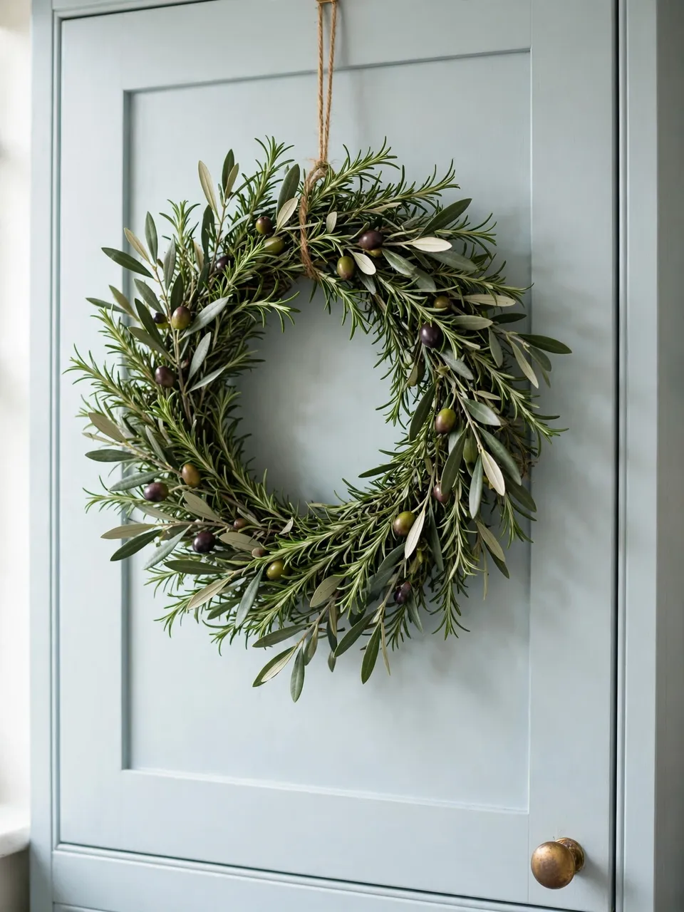 A rosemary and olive branch wreath hangs from twine on a pale blue kitchen cabinet door in soft daylight