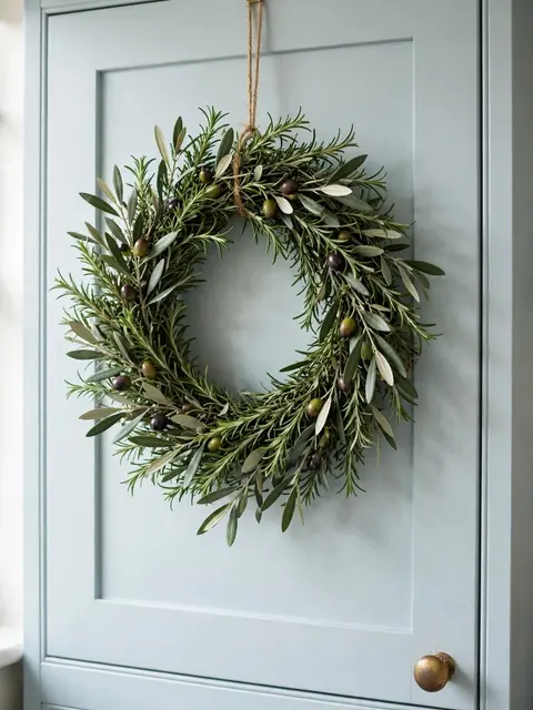 A rosemary and olive branch wreath hangs from twine on a pale blue kitchen cabinet door in soft daylight