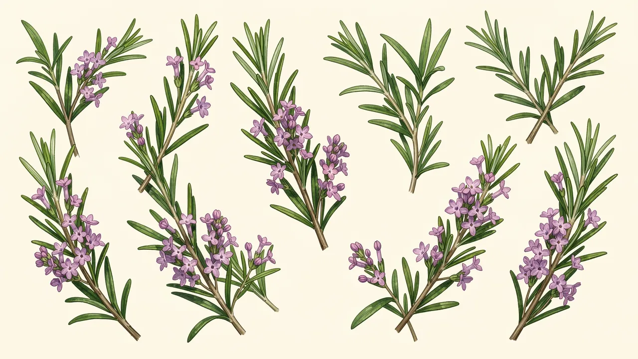 Hand-drawn rosemary sprigs with tiny lilac flowers arranged on a pale cream background