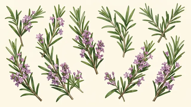 Hand-drawn rosemary sprigs with tiny lilac flowers arranged on a pale cream background