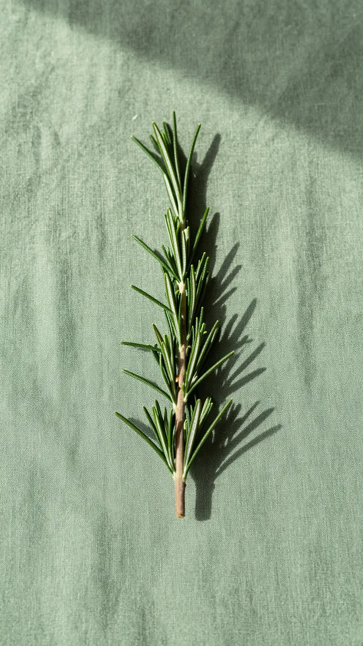 A fresh rosemary sprig rests vertically on sage green linen with soft window shadow.