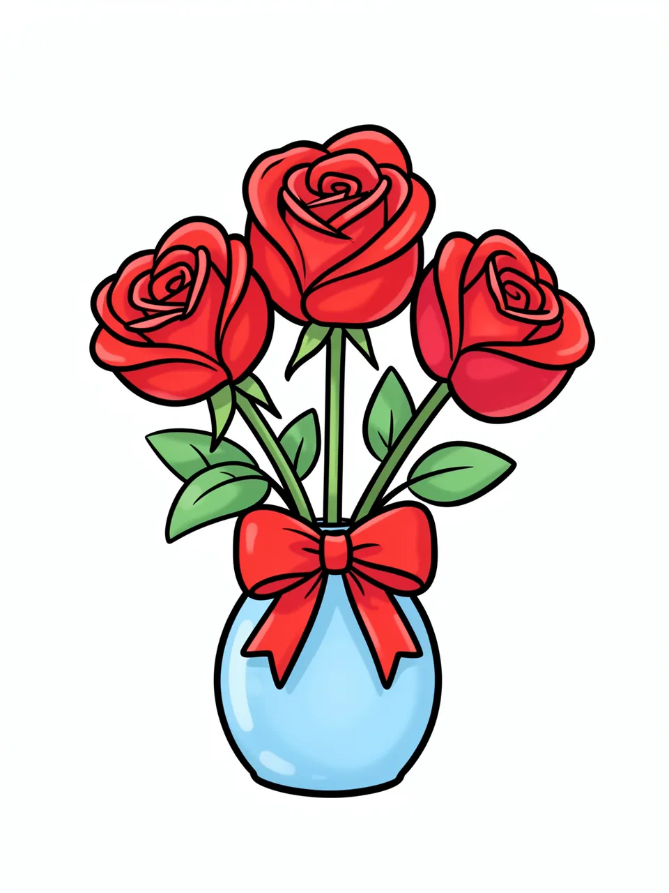 A cute bold-outlined cartoon drawing of three red roses in a light blue vase with a red ribbon bow on a plain white