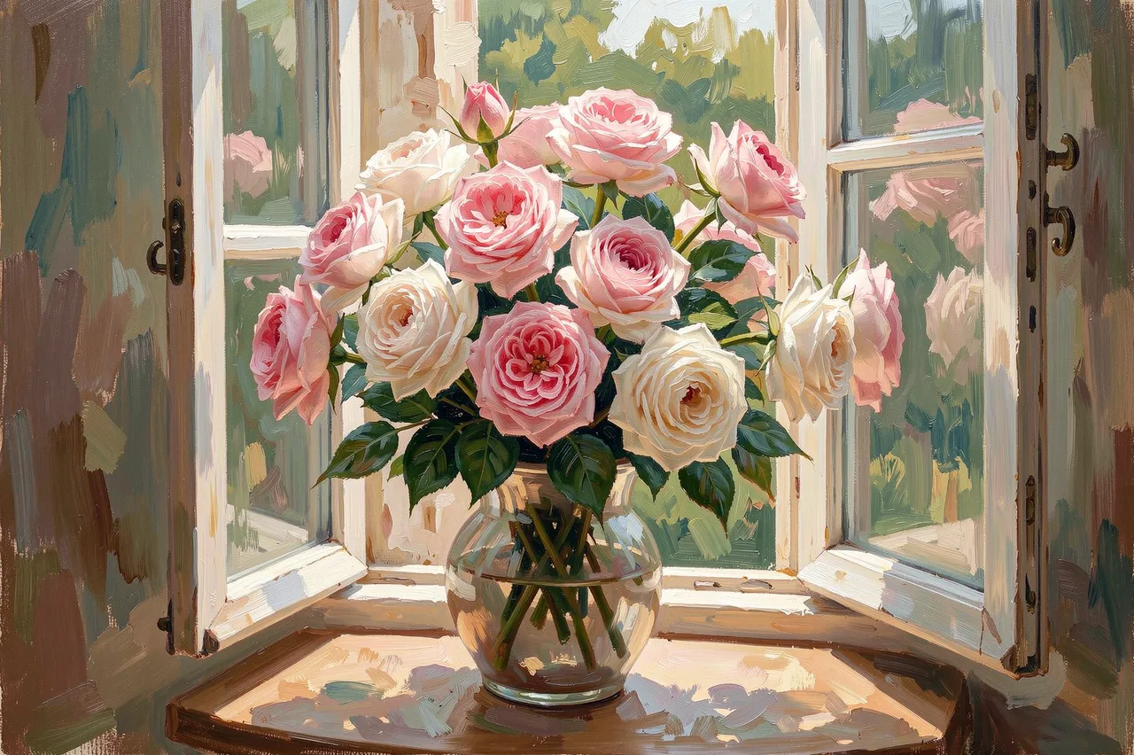 Impressionist oil painting of pink and white roses in a glass vase resting on an open windowsill.