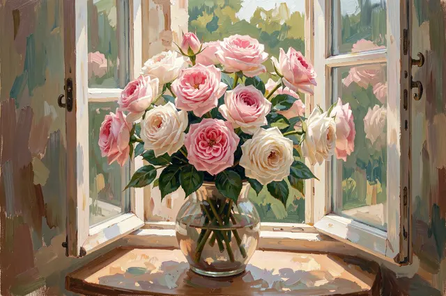 Impressionist oil painting of pink and white roses in a glass vase resting on an open windowsill.