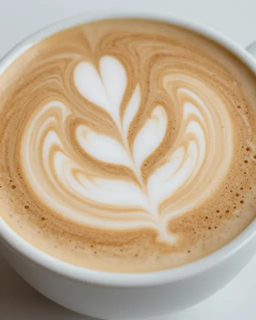 Overhead close-up of a white ceramic cup holding latte with intricate rosetta foam art.