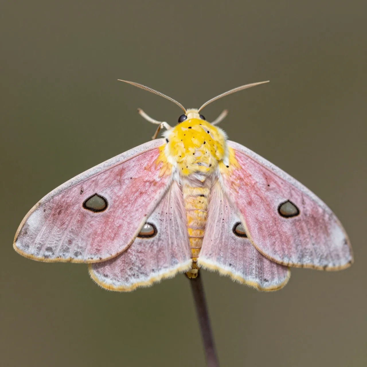 A pink and yellow rosy maple moth perched on a thin stem against a soft blurred background