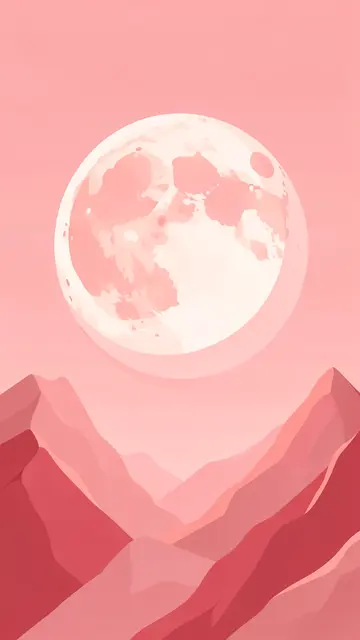 Soft pink flat illustration of a large rosy full moon above layered rose-hued mountains