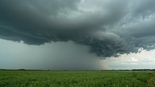 Dark storm clouds with green tinge loom over a wide grassy plain under an approaching severe weather system