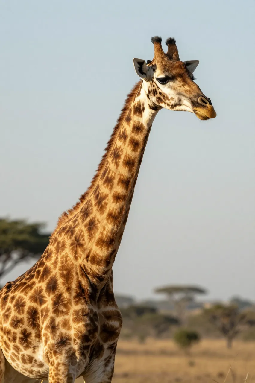 A Rothschild giraffe stands in warm golden morning light above a blurred savanna background