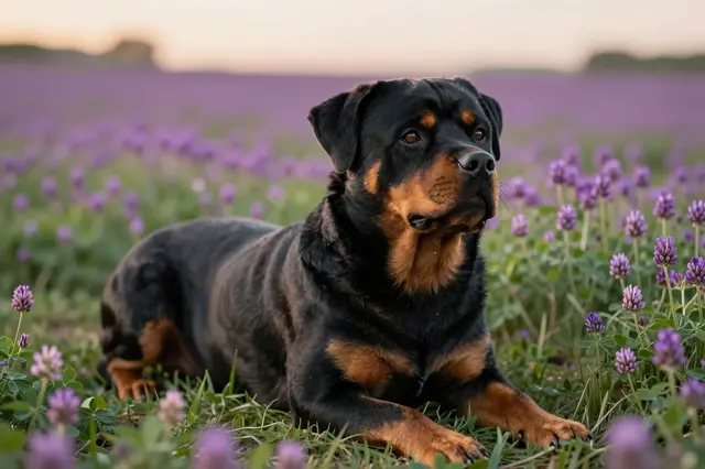 A rottweiler lies in a field of purple clover, head turned to the side, during warm golden sunset light.