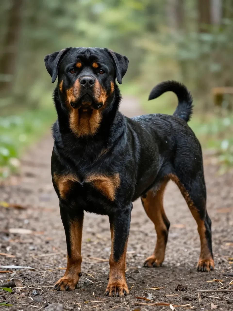 A rottweiler with black and rust-brown markings stands alert on a dirt forest path facing the camera.