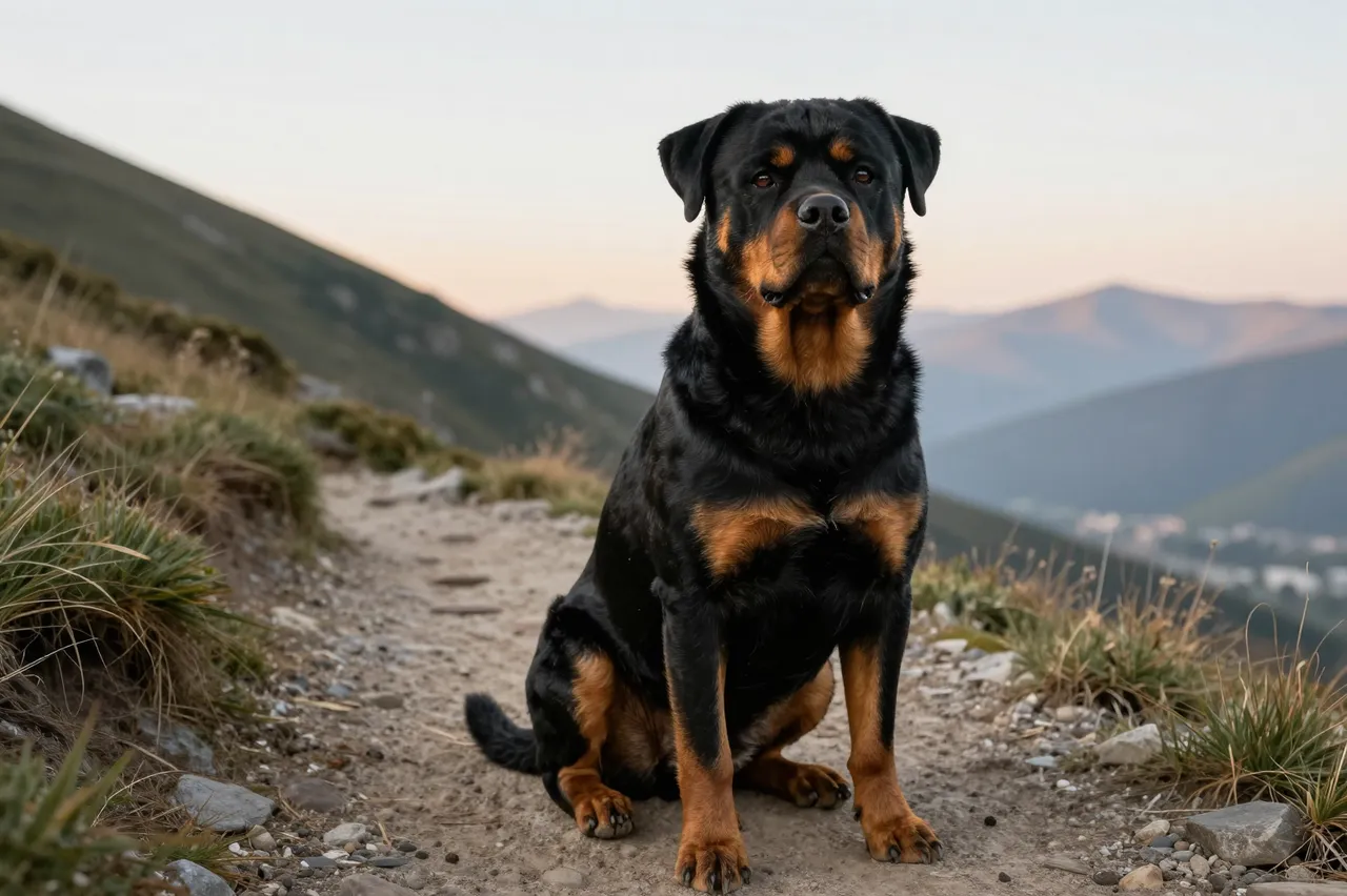 A rottweiler sits upright on a rocky mountain hiking trail during soft sunrise light.