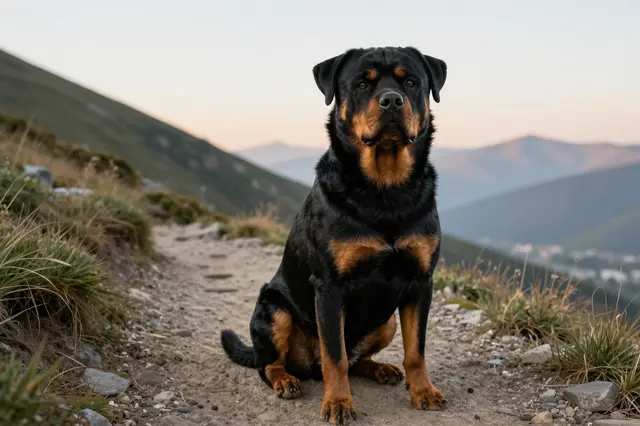 A rottweiler sits upright on a rocky mountain hiking trail during soft sunrise light.
