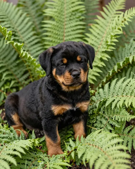 Sleepy black and tan rottweiler puppy sits nestled among lush green garden ferns
