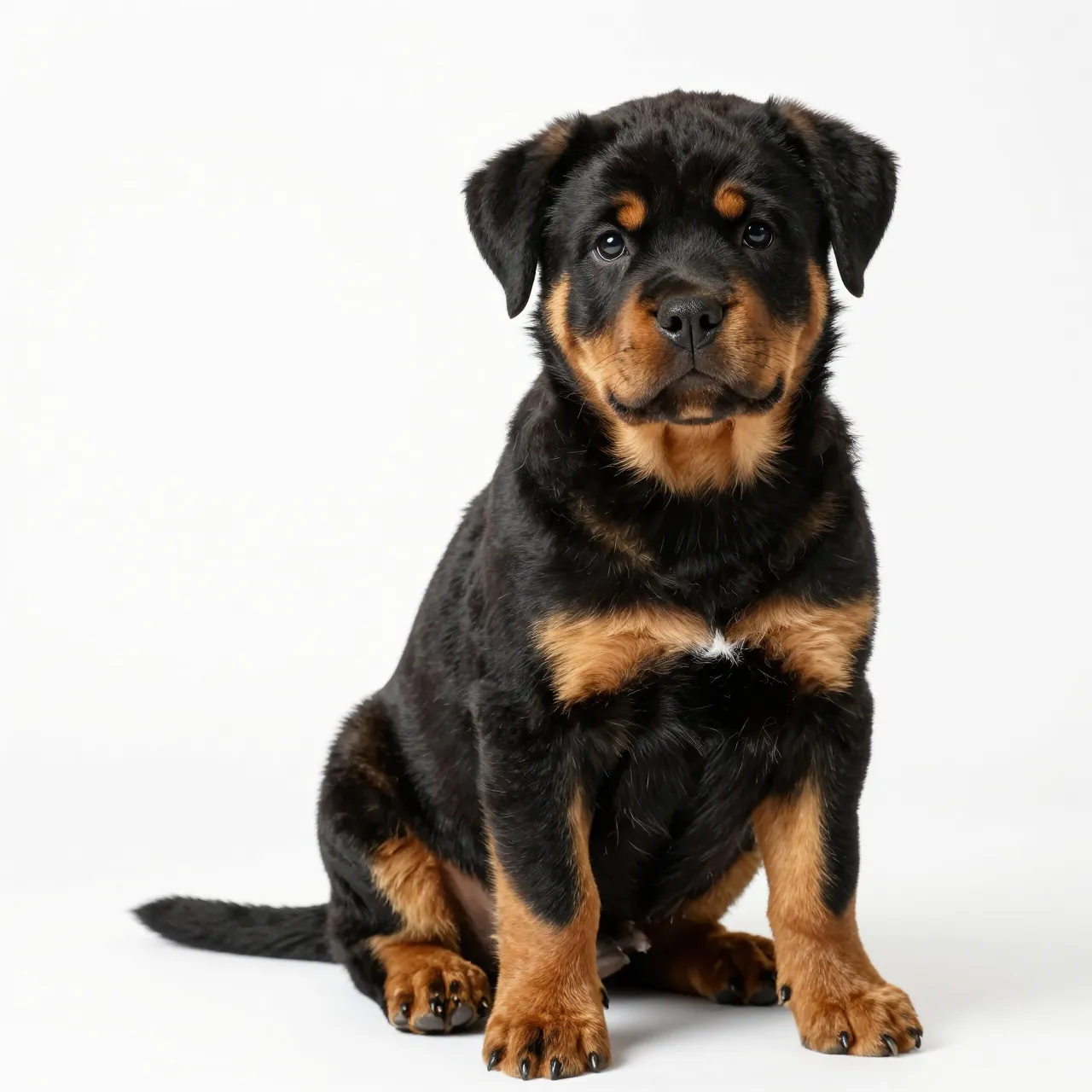 A fluffy rottweiler puppy sits upright facing the camera against a plain white background