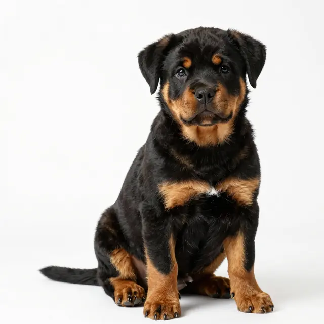 A fluffy rottweiler puppy sits upright facing the camera against a plain white background