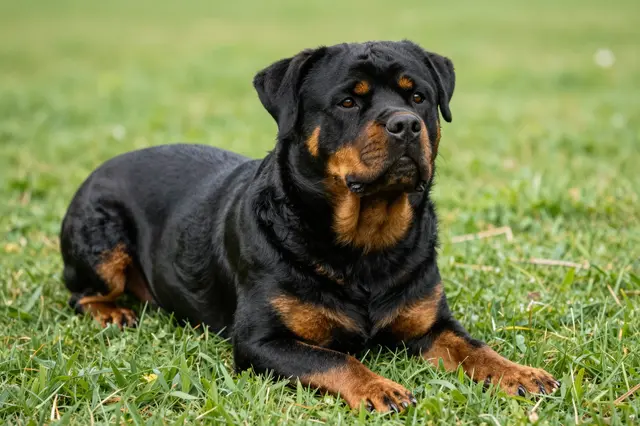A black and mahogany rottweiler lies calmly on a green lawn with its head raised.