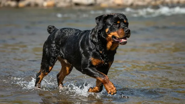 A wet glossy Rottweiler runs through shallow river water, kicking up small splashes around its legs.