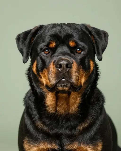 Close-up head portrait of a black and tan Rottweiler facing forward against a sage green backdrop