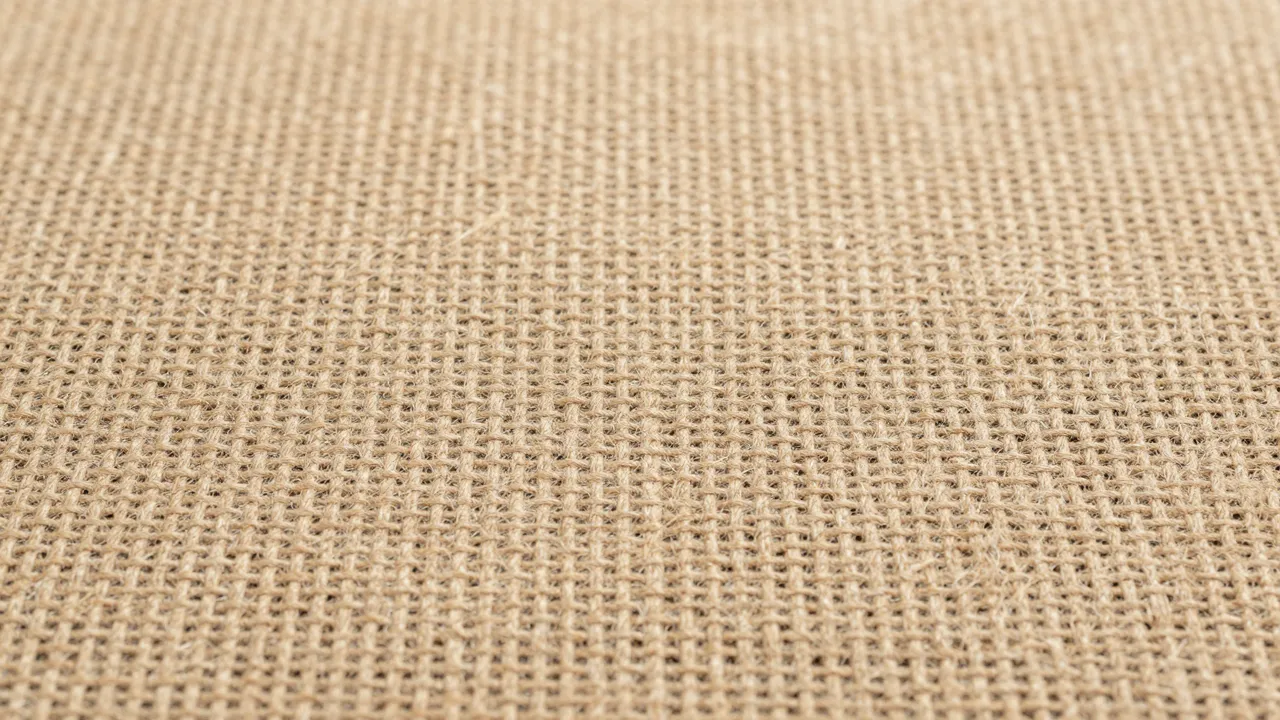 Close-up of natural tan rough woven burlap fabric with a soft even weave pattern