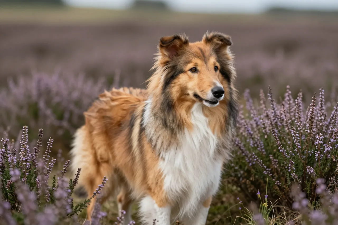 A long sable rough collie stands calmly among purple flowering heather in an open moorland field.