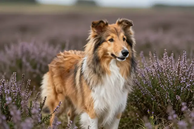 A long sable rough collie stands calmly among purple flowering heather in an open moorland field.