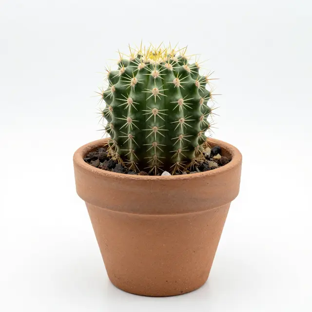 Small round spiny cactus planted in a simple terracotta pot on a pure white background