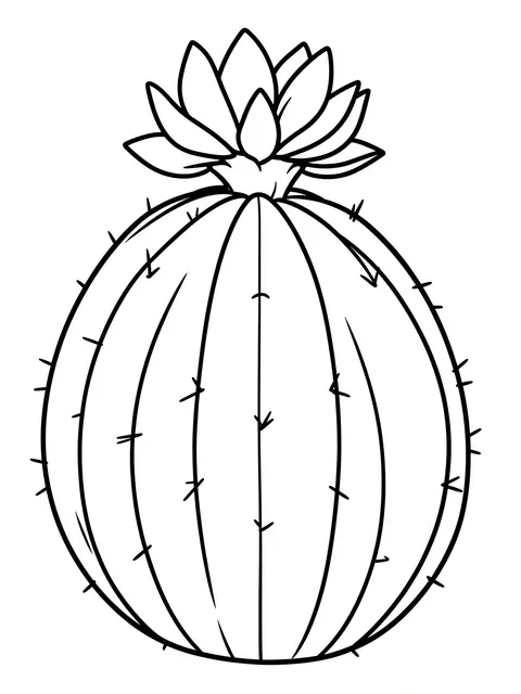 Bold black line drawing of a round barrel cactus with a single bloom on a plain white background