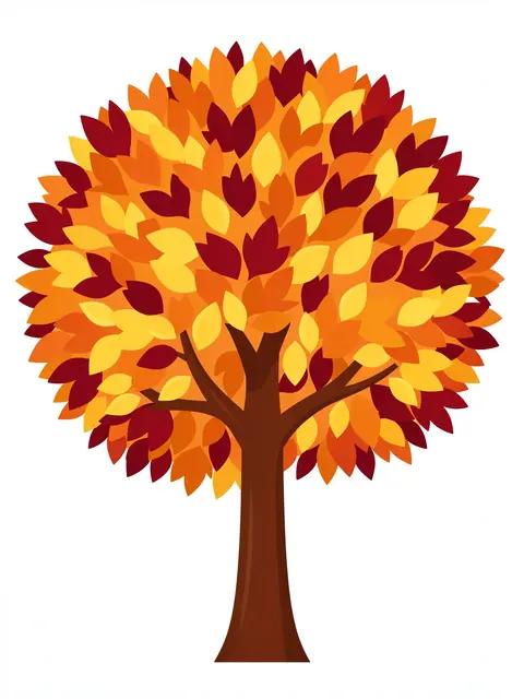 Flat clipart illustration of an autumn tree with a full round leaf canopy isolated on a plain white background