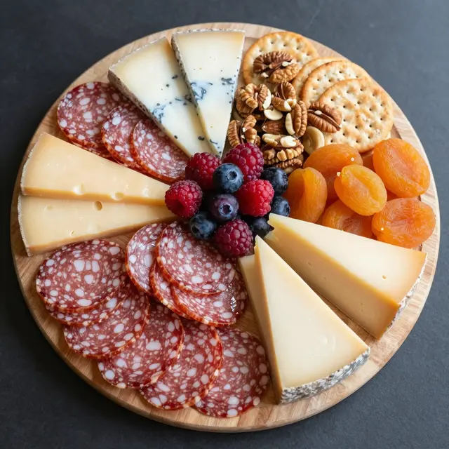 Overhead view of a round wooden charcuterie board loaded with cheeses, salami, fruit, nuts, and crackers on a dark surface