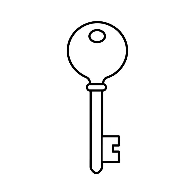 Thin black line outline icon of an old-fashioned round handle key on a plain white background