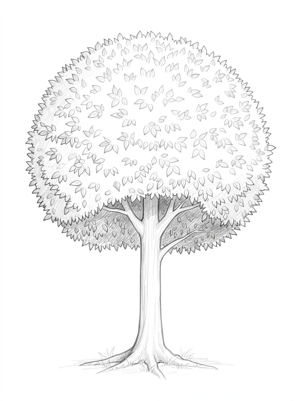 Light graphite pencil sketch of a round canopy tree with a straight trunk on white paper