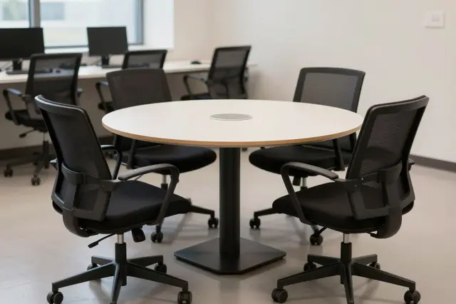 A light round table surrounded by mesh office chairs sits in a bright modern startup workspace