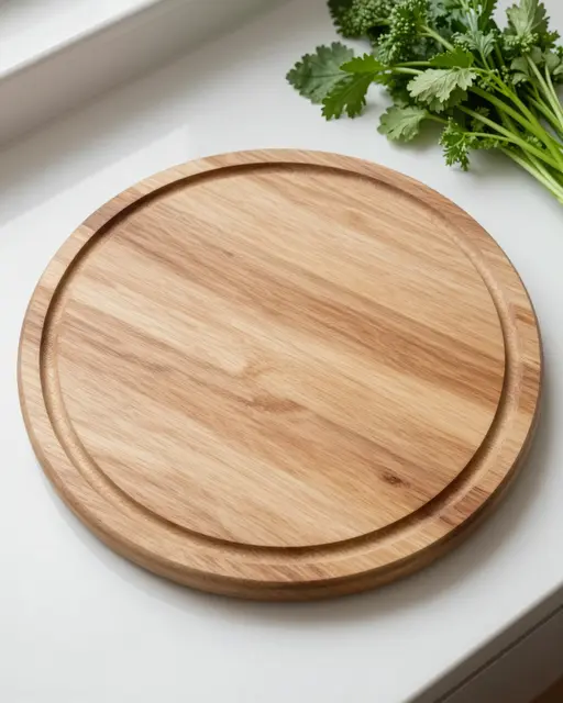 Blank round wooden cutting board rests on a white kitchen counter next to fresh green herbs.