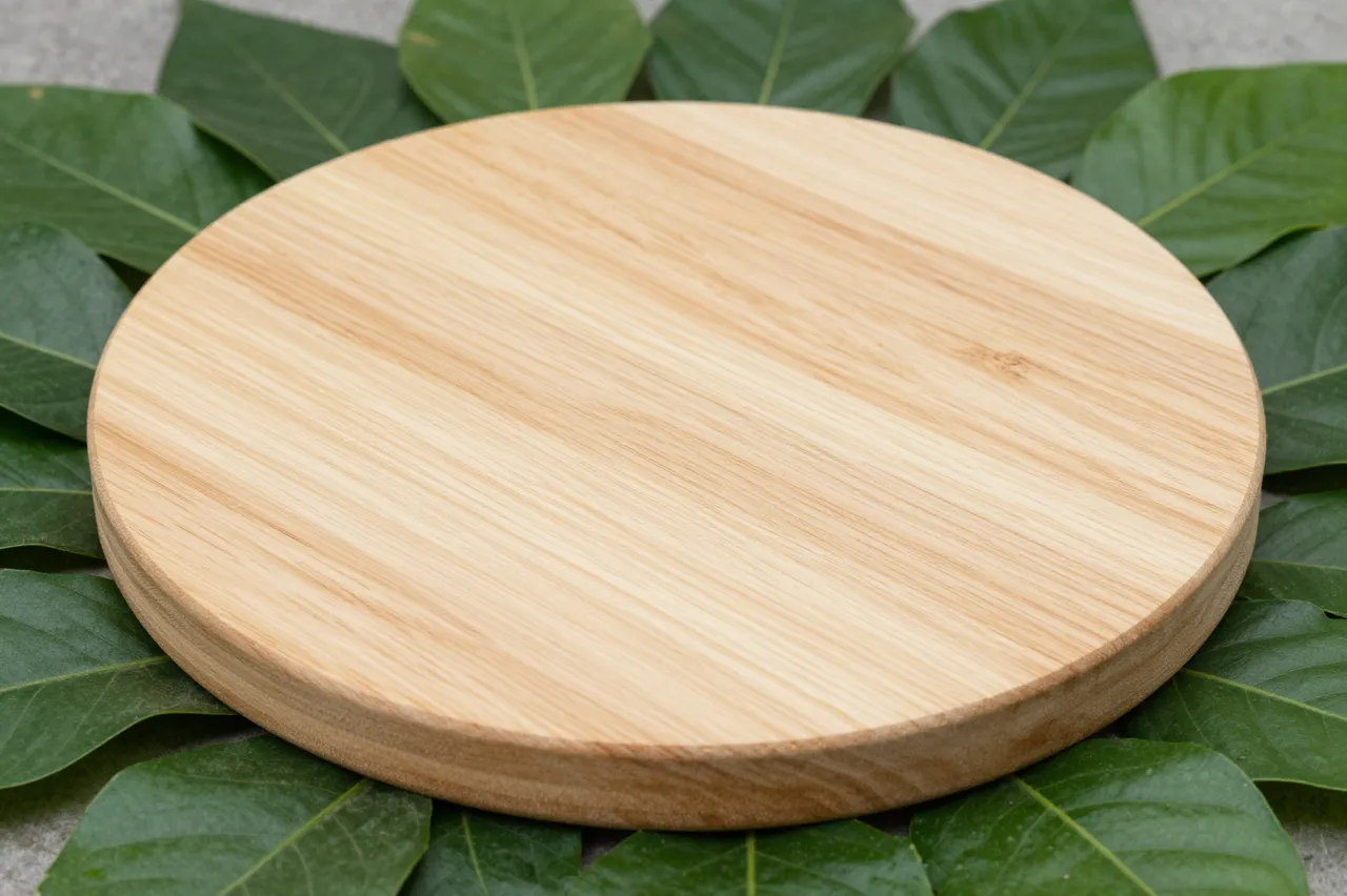 A smooth light wooden round display plinth rests surrounded by fresh green leaves on a gray surface