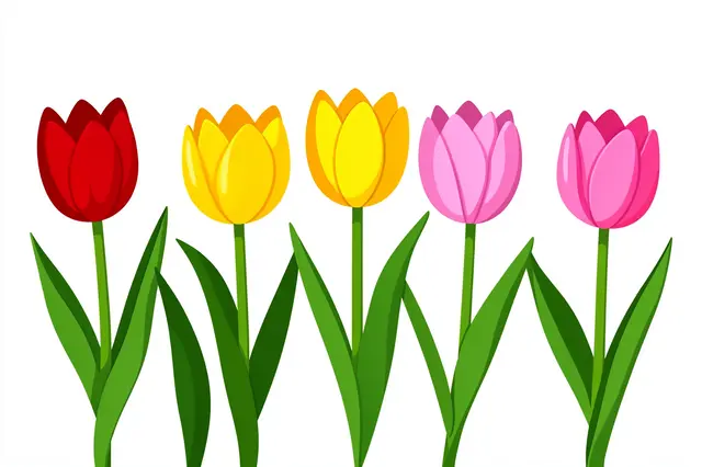 Flat clipart illustration of a row of red, yellow, and pink tulips isolated on a plain white background