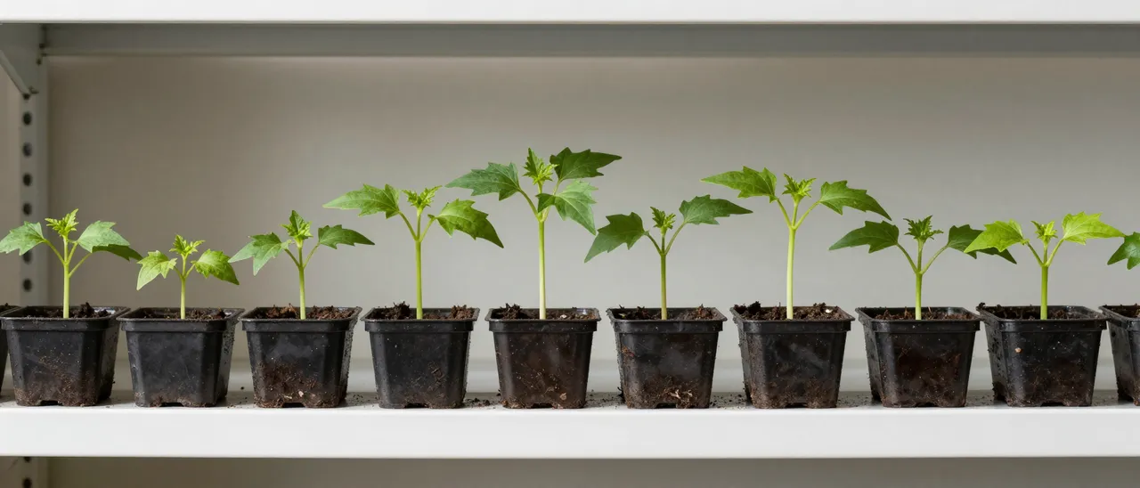 A horizontal row of potted seedlings with increasing height left to right sits on a white shelf.