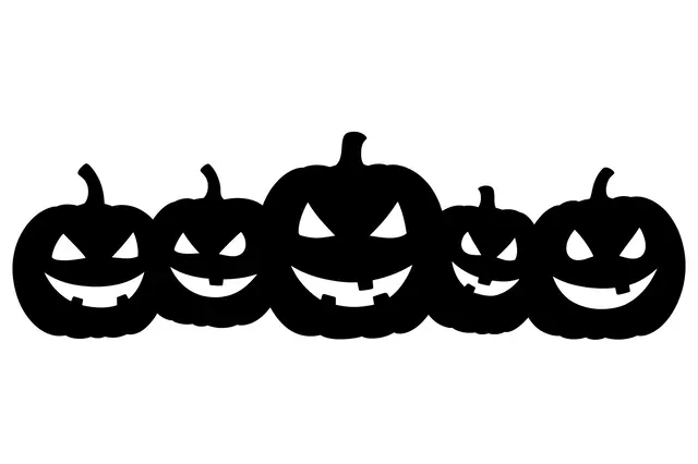 Solid black silhouette of five grinning carved pumpkins arranged in a row on a plain white background