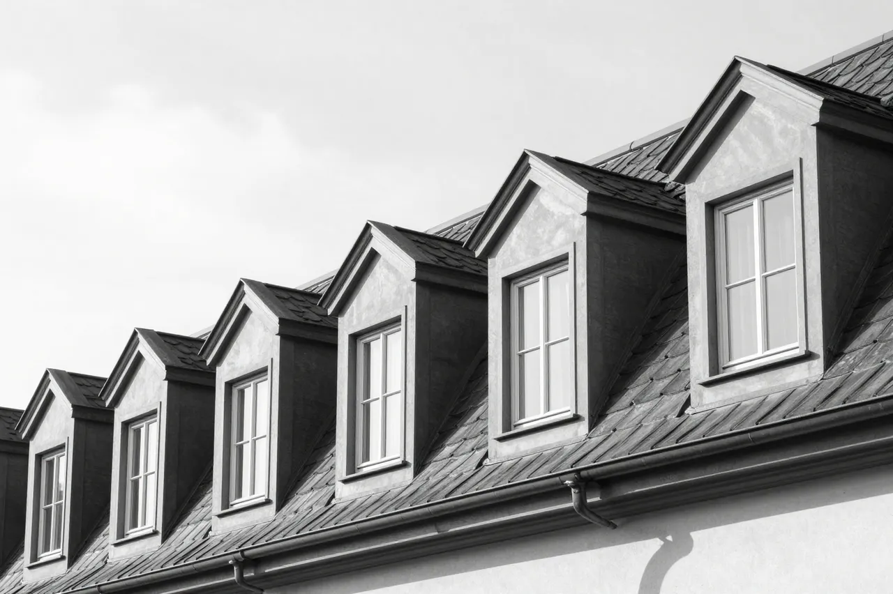 Black and white view of aligned dormer windows along a steep tiled mansard roof under a bright sky.