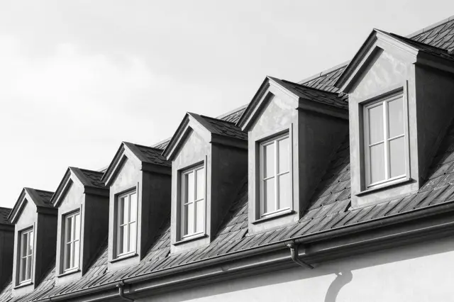 Black and white view of aligned dormer windows along a steep tiled mansard roof under a bright sky.